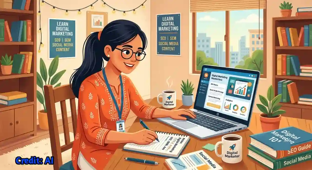 একজন শিক্ষার্থী ল্যাপটপে Digital Marketing শেখার Illustration