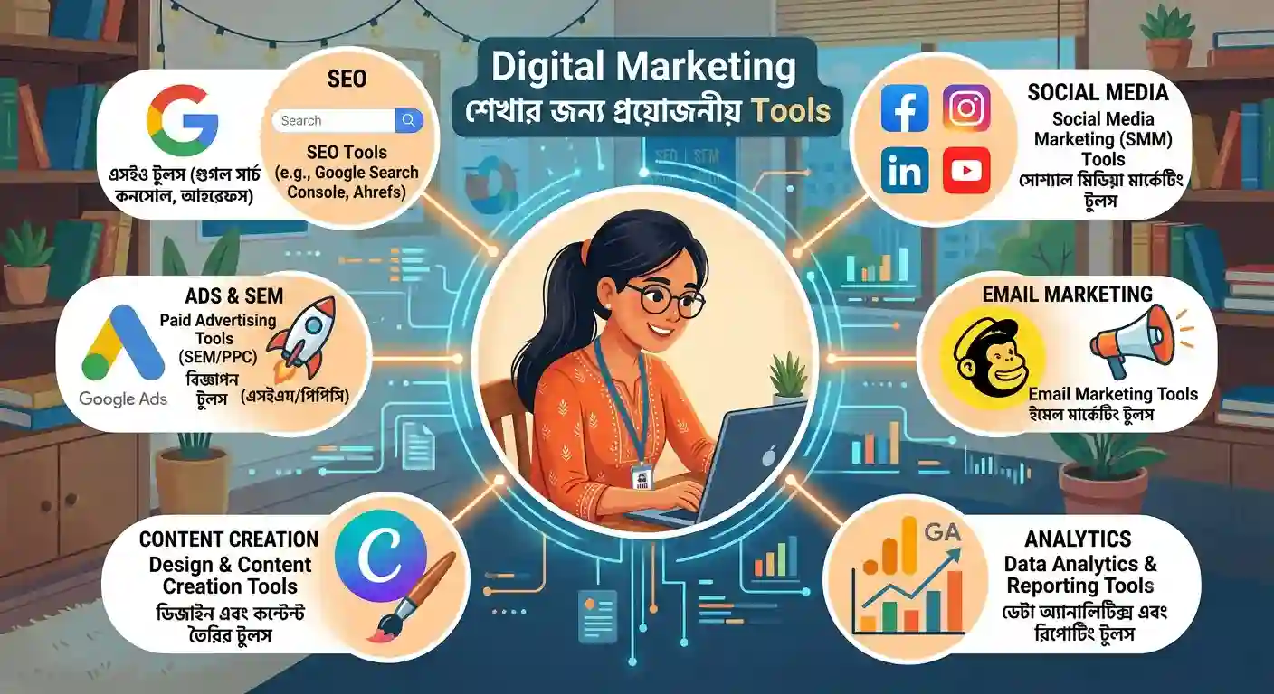 Digital Marketing শেখার জন্য প্রয়োজনীয় Tools-এর আইকনসহ গ্রাফিক