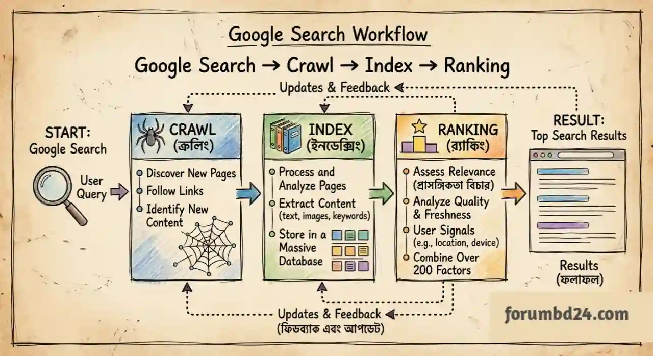 Google Search → Crawl → Index → Ranking প্রসেস দেখানো Diagram