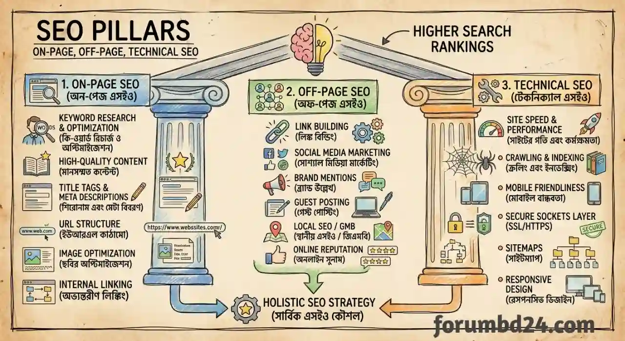 SEO-এর তিনটি অংশ (On Page, Off Page, Technical SEO) দেখানো Infographic